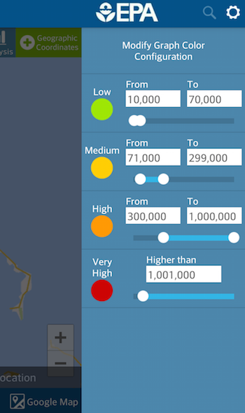 Algae app coordinates levels of concern with color. (via EPA)